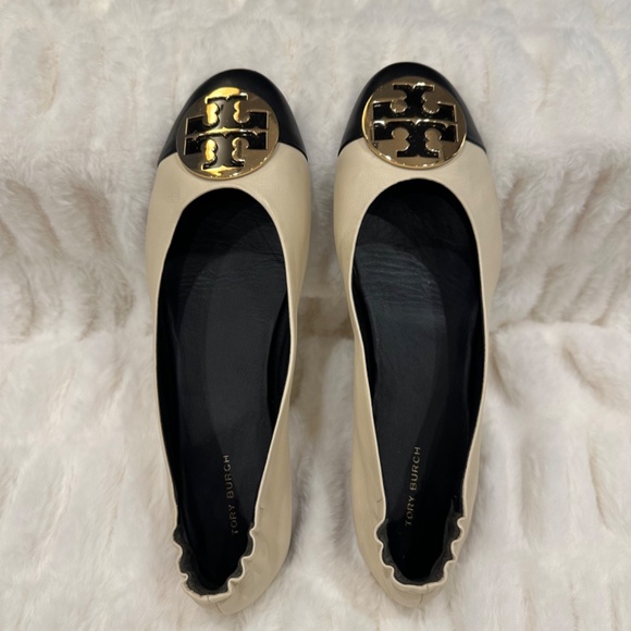 Tory Burch Claire Cap Toe Ballet Flat (Women) 10.5M, CREAM / BLACK / GOLD - Picture 2 of 6